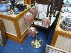 Large Brass Contemporary Floor Standing Light Fitting, with five pink coloured glass shades. 40