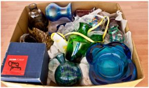 Box of Decorative Glass, comprising iridescent vase, silver decorated red squat vases,  various