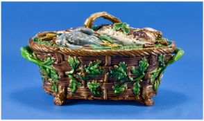 Minton Majolica Game Pie Dish and Cover, the oval dish of rustic, brown basket-weave, with