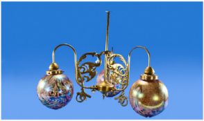 3 Branch Brass Chandelier In The Victorian Style. Terminating in art glass globe shades in the