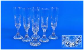Baccarat Fine Cut Crystal Set of Six Fluted Champagne Glasses. ` D` Assas ` Design 1981-1991.