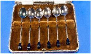 Good Boxed Set Of Six Planished Silvered Coffee Spoons. Circa 1930`s. Box labelled J.Calder,