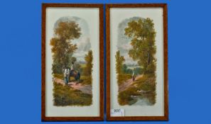 A Pair of Victorian Paintings on Glass, one depicting a horse and rider on a country lane, the