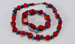 Red Coral Ethnic Style Necklace and Bracelet, the geometrically cut beads interspaced with smaller