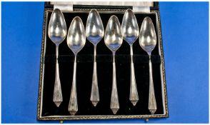 A Boxed Set Of Six Silver Tea Spoons, with elongated bowls. Hallmark Birmingham 1962. 3ozs. 10