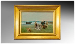 Alexander Finlay Oil On Board, Fishermen On A Beach Cleaning Fish, Signed And Dated 1890. 12 x 18