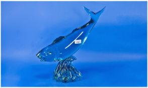 Fine Quality Murano Glass Fish Of Large Size Of A Jumping Salmon On A Crest Of A Wave. Blue tinted