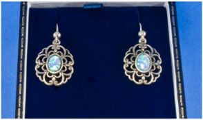 Silver Open Work Drop Earrings, With Central Opal Coloured Cabochon, Stamped 925, Complete In