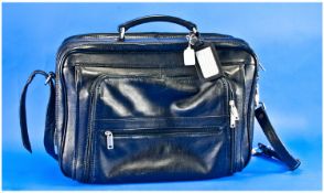 Black Leather Briefcase, fitted with multiple compartments, with strap and carrying handle.