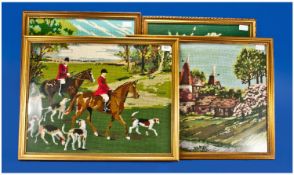 Four Tapestry Pictures, Huntsman Scene 24x20``, Floral Subject 19x22``, Millwheel House 19x24``,