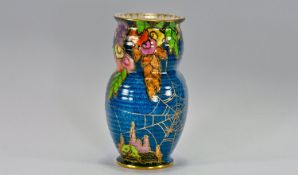 Crown Devon Fieldings 1920`s Vase decorated with spiders web pattern on royal blue ground. Shape