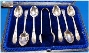 Victorian Boxed Set Of Six Silver Spoons With Matching Silver Sugar Tongs. Hallmarked Sheffield