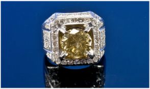 18ct White Gold Diamond Cluster Ring, Central Round Yellow Brilliant Cut Diamond, Estimated Weight