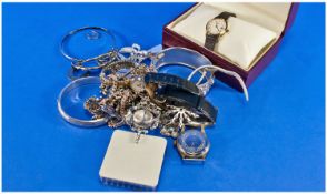 Small Collection Of Silver And White Metal Jewellery, Comprising Hinged Bangle, Locket And Chain,