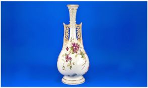 Royal Worcester Persian Style Bottle Vase, hand painted over print, polychrome floral decoration on