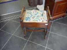 Candy Twist Leg Oak Piano Stool with lift up lid, embroidered set. c 1920`s.