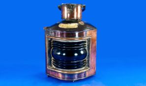 Early 20thC Copper & Brass Ship Starboard Oil Lantern Nautical Lamp Blue Glass Front, Marked ``
