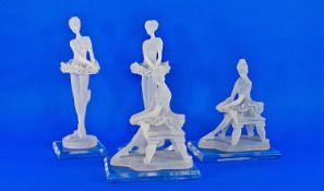 Set of Four Ballet Figures, in frosted perspex, with clear perspex square bases, highest measuring