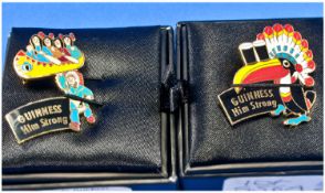 Guinness Limited Edition Metal Badges. 1, Big chief toucan, number 1977. 2, Red Indian with canoe,