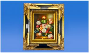 20th Century Small Oil On Board Of Flowers On A Ledge. Signed F.L. Jenson. In gilt frame. 15 inches