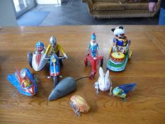 Selection of 8 Tin Plate Clockwork Toys, Probably Made In China, Clown on Bike, Motor Cyclist