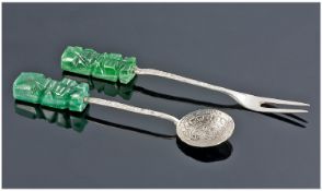 Mexican Silver Condiment Spoon And Fork, With Jadeite Stone Terminals.