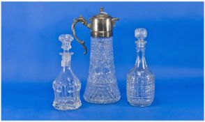 Large Pressed Glass Claret Jug, with silver plated collar and handle, a moulded glass Victorian