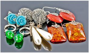 Six Pairs Of Silver Stone Set Earrings.