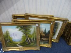 Four Oil on Canvas Paintings, depicting Parisian street scene, riverside scene, mountainous and