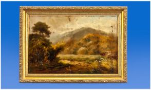 Oil Painting On Board, mountainous landscape. Signed R. Pater. Date 1885. 14 inches by 10 inches.