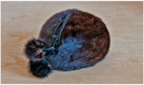 Sable Brown Mink Cloche Style Hat with two double black sateen strands from the centre top, tied