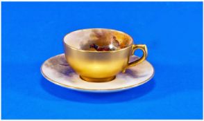 Royal Worcester Hand Painted Miniature Cup And Saucer, pheasant and hen pheasant in a woodland