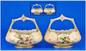 Royal Worcester Pair Of Fine Hand Painted Blush Ivory Handle Baskets. Decorated with images of