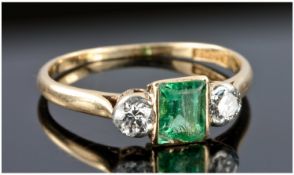 18ct Gold Diamond And Emerald Ring, Central Emerald Set Between Two Round Cut Diamonds, Unmarked,