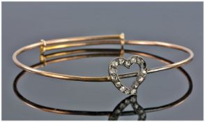 Late Victorian Gold Wire Bangle, The Front Mounted With A Open Heart Set With Rose Cut Diamonds, 1