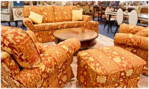 Classic Five Piece Suite, by Peter Guild, upholstered in red and gold floral and foliage patterned