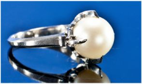 18ct White Gold Pearl Ring, Set With A Single Round Pearl In A Gallery Setting, Stamped P.M, Ring