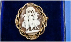 Victorian Large Shell Cameo Brooch, of The 3 Graces Set Within an Open-Work. 9ct Gold Oval Frame.