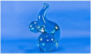 Murano Glass Model Of A Sea-Lion Balancing On A Beach Ball light blue colours. 13`` in height