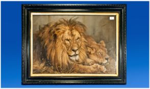 Large Coloured `Pears` Print Of A Lion & Lioness Sleeping On Straw, in the manner of William