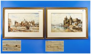 Pair of Unusual Watercolours by Preston Artist E Beattie. 1. Caernarfon Castle, North Wales 2.