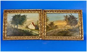 A Pair of Continental Paintings on Panels `Country Landscape` Scenes. Indistinctly signed . Gilt