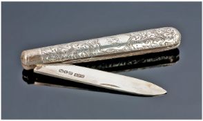 Victorian Fine Silver Engraved Handle And Blade Fruit Knife. Hallmark Birmingham 1894. Marked H &