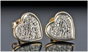 Pair Of 9ct Gold Stud Earrings, In The Form Of Hearts Set With A Small Diamond.