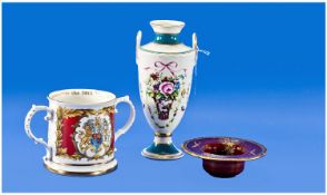 3 Pieces Royal Stratford. Jubilee loving cup 2002, Minton bicentenary floral vase, 9 inches high,