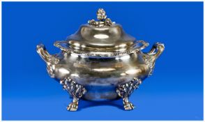 Large Silver Plated Tureen And Cover, Of George III Style Raised On Four Acanthus & Lion Paw Feet,