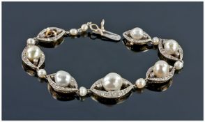 Victorian Diamond And Pearl Bracelet, Seven Graduating Navette Shaped Links, Each Set With A