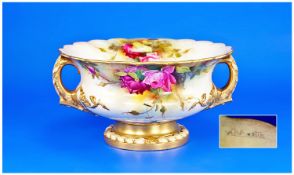 Royal Worcester Signed And Hand Painted Two Handled Fruit Bowl. `Roses` still life, similar to lot