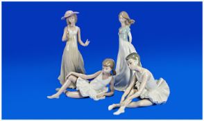 Nao By Lladro figures, four in total. One figure A/F. Various subjects and styles.