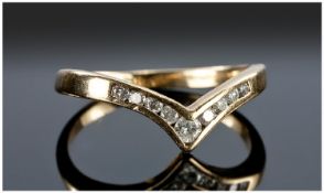 9ct Gold Diamond Ring, Wish Bone Design Channel Set With 9 Round Cut Diamonds, Fully Hallmarked,